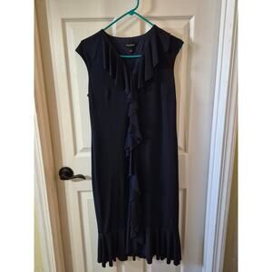 Roz & Ali Ruffle Midi Sheath Dress Womens M Navy Blue Sleeveless Stretch Y2K